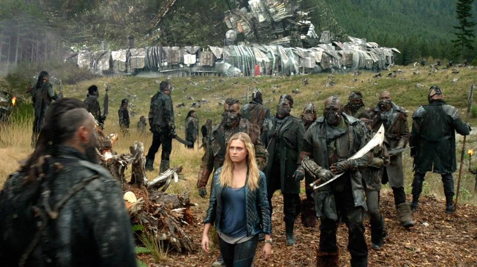 Clarke faces off with Lexa's guard in the war camp near Camp Jaha.