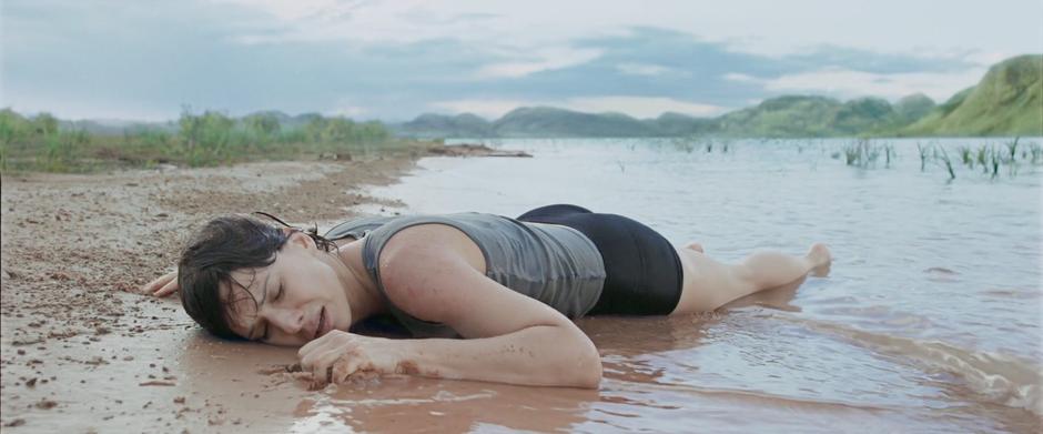 Dr. Stone lays and rests on the shore after getting out of the water.