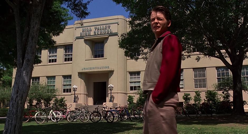 Marty outside Hill Valley High School in 1955.
