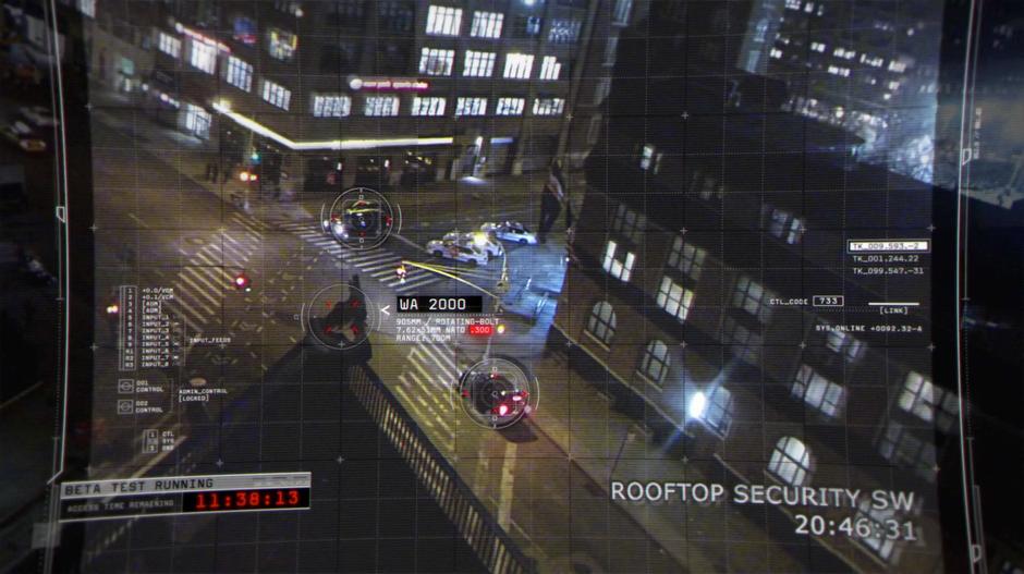 A Samaritan sniper watches the intersection in front of the police station from a neighboring rooftop.