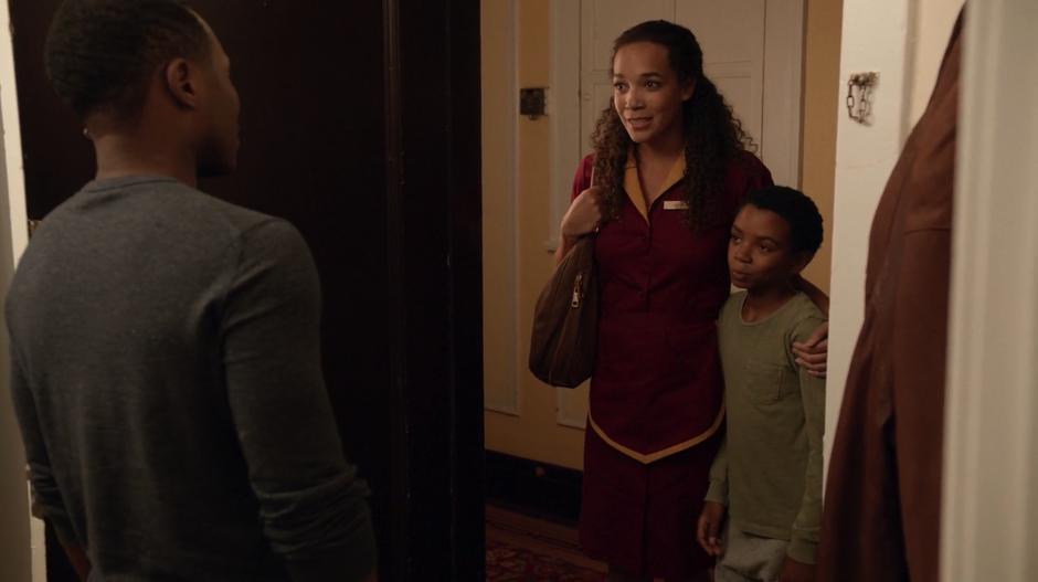 Anna stands at Clive's door with Wally asking Clive to watch him for the night.