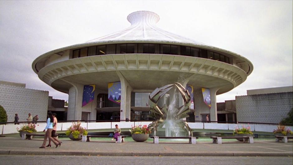 The front of the Space Center while Gus heads up to the front door.