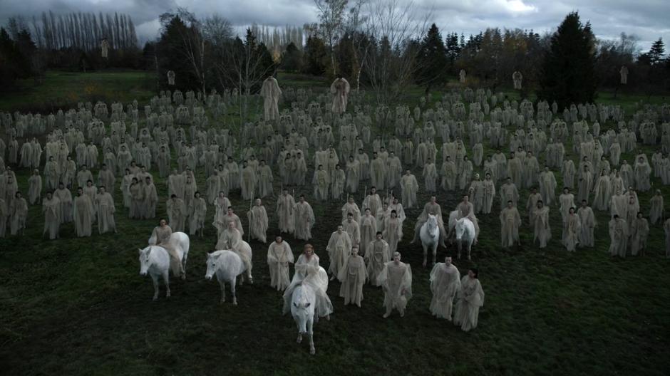 A large fairy army is assembled behind the fairy queen.