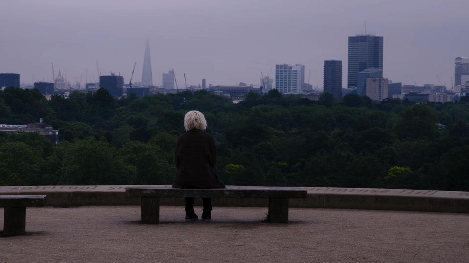 Riley sits on the bench looking over the skyline.