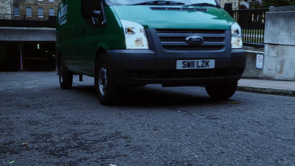 The BPO van drives out of the parking garage.