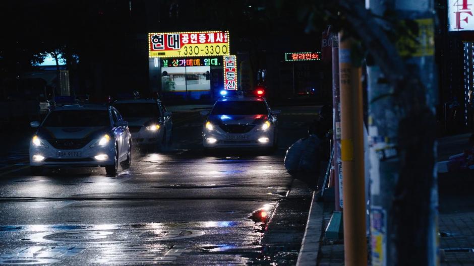 Several police cars pull up to the crash site.