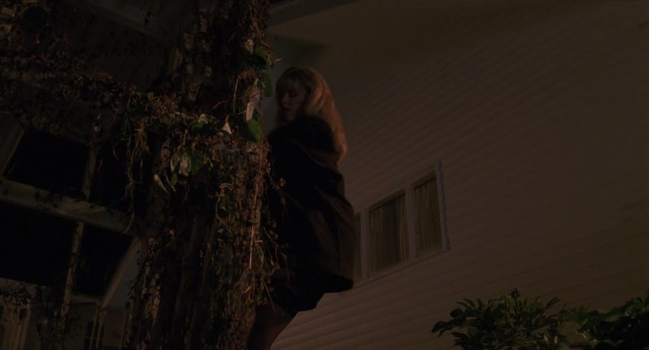 Laura climbs down the trellis on the outside of her house.