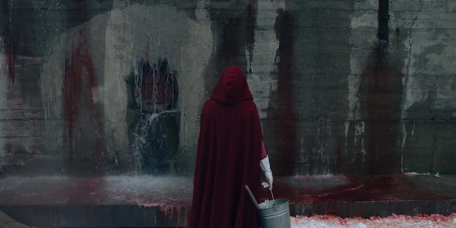 Offred watches as water from above washes away the blood.