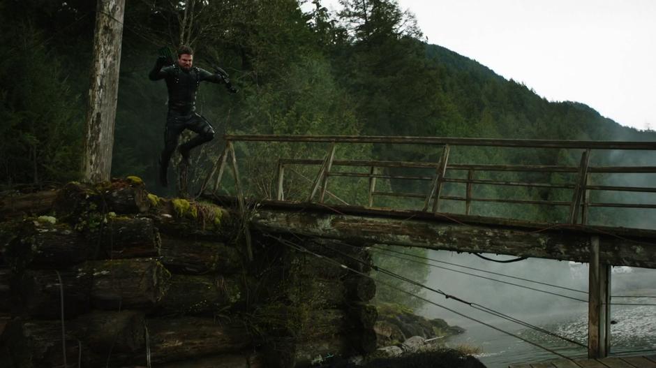 Oliver leaps off the wall onto the dock.