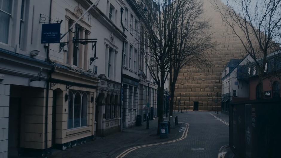 The monks' pyramid sits at the end of the street.