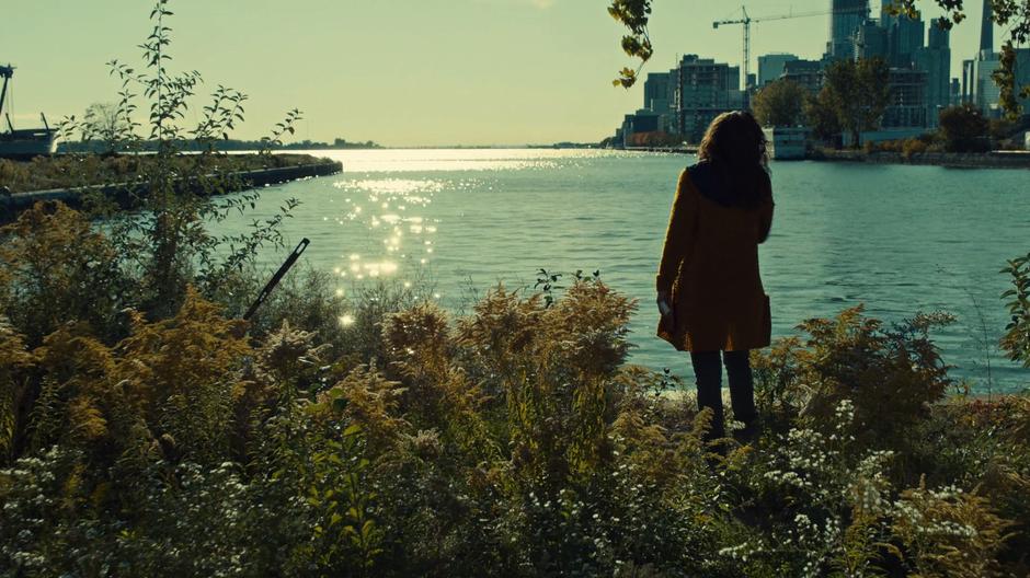 Sarah stands by the water and looks out into the distance after Kira refuses to leave.