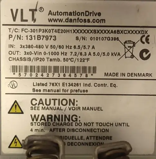 Product: DANFOSS FC-301P3K0T4E20H1 XXXXXXSXXXXA6BXCXXXXDX 131B7973 0-1000Hz 5kVA 4kW