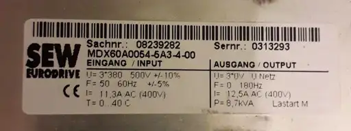 Product: SEW EURODRIVE MDX61B0055-5A3-4-00 MDX61B00555A3400 08279616 5,5 kW 12,5 A