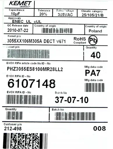 Product: EVOX RIFA PHZ3055 10uF 20% 305V AC X2 FOLIOWE 4SZT