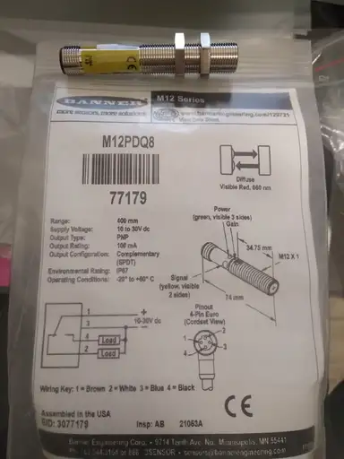 Product: Czujnik dyfuzyjny BANNER M12PDQ8 PNP NO,NC 0,4 m