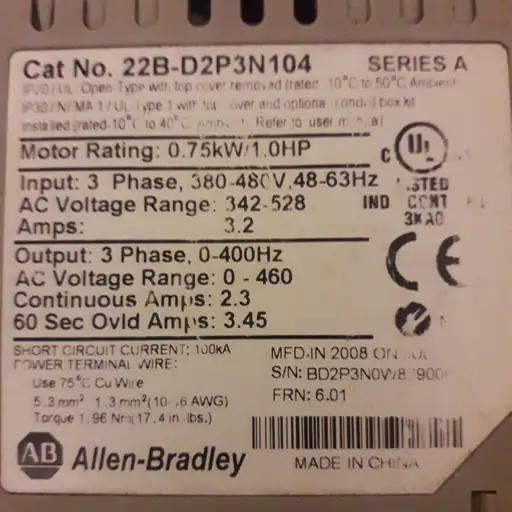Product: FALOWNIK Allen-Bradley Allen Bradley PowerFlex 22B-D2P3N104 0.75kW 2.3A 460