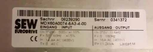 Product: SEW EURODRIVE MDX61B0075-5A3-4-00 MDX61B00755A3400 08279624 7,5 kW 16A