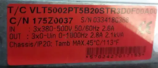 Product: DANFOSS VLT5000 VLT5002PT5B20STR3D0F00A00C0, 175Z0037 2,8A 2,1kVA IP20