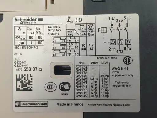 Prodotto: Wyłącznik silnikowy termik SCHNEIDER GV2-L10 6,3A