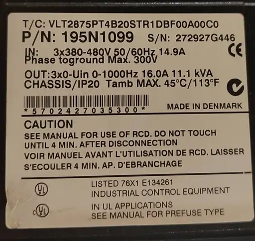 Product: Danfoss VLT2875PT4B20STR1DBF00A00C0 VLT 2800 195N1099 0-1000Hz 16.0A 11kVA