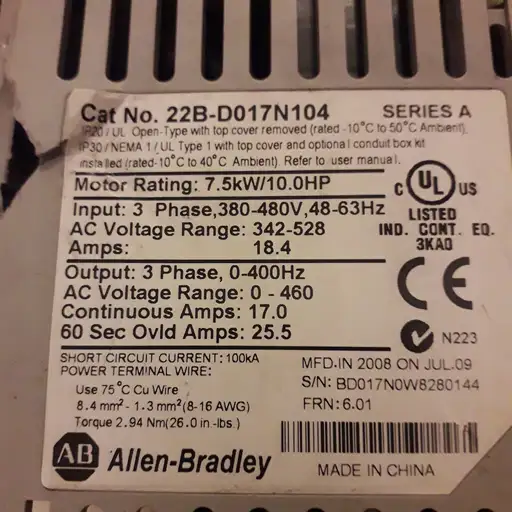 Product: FALOWNIK Allen-Bradley Allen Bradley PowerFlex 22B-D017N104 7.5kW 17A 400Hz
