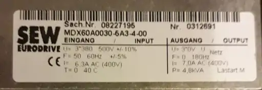 Product: Falownik SEW EURODRIVE MDX61B0030-5A3-4-00 08279594 3 kW 7A 0-180Hz