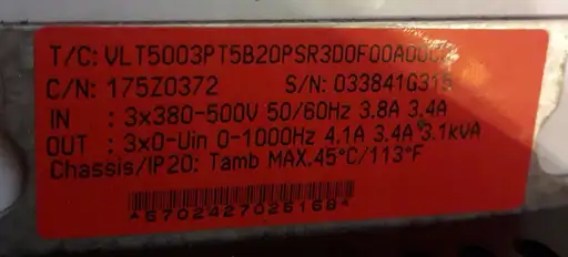 Product: DANFOSS VLT5003PT5B20PSR3D0F00A00C0 3F 3,8A / 3,1kVA 4,1A 0-1000Hz 175Z0372