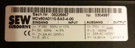 Product: SEW EURODRIVE MDX61B0110-5A3-4-00 MDX61B01105A3400 08279632 11 kW 24 A