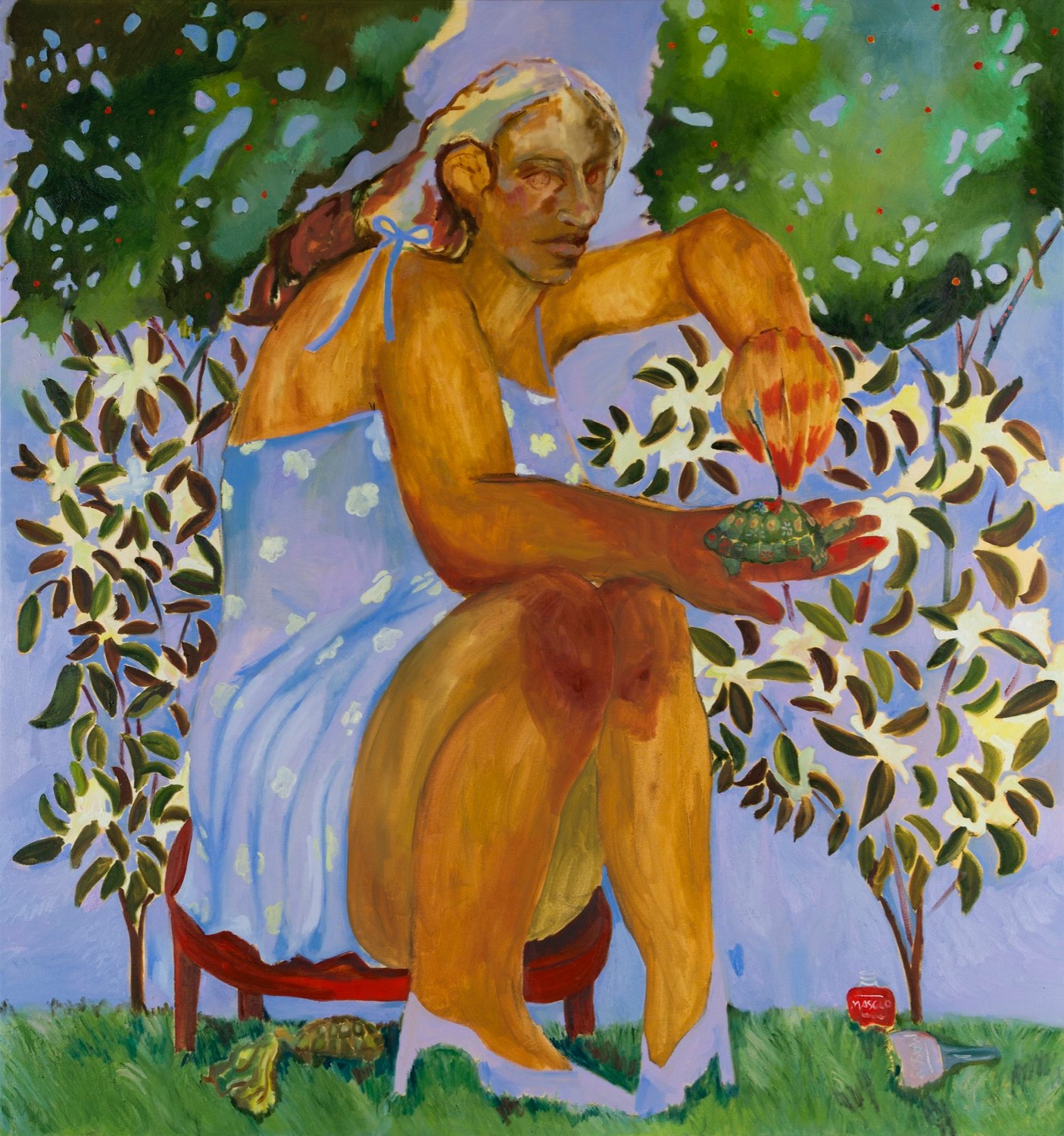 Stylized painting of a woman squatting outside, painting a turtle in her hand