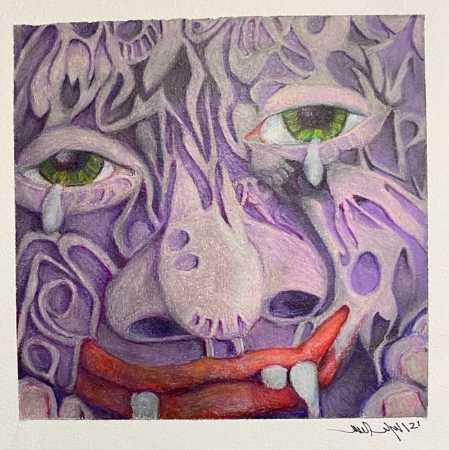 Purple painting of a smiling cartoon face