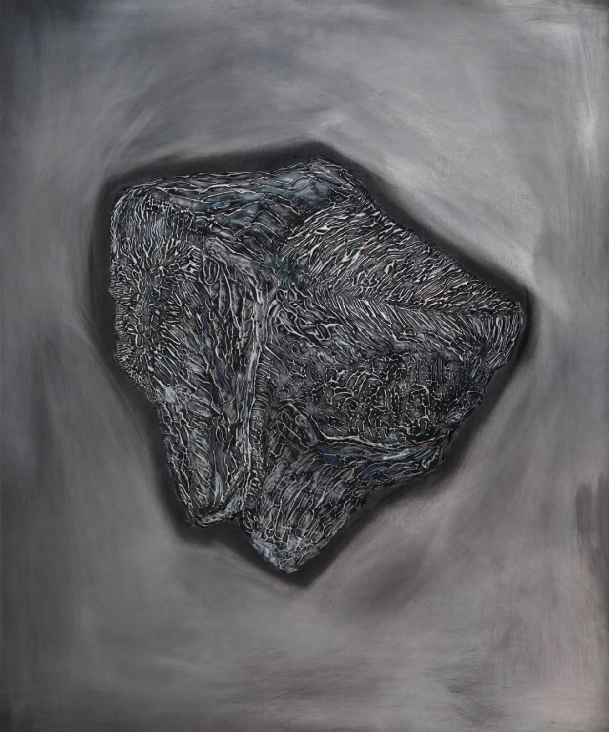 Dark drawing of a rocky form floating in charcoal gray