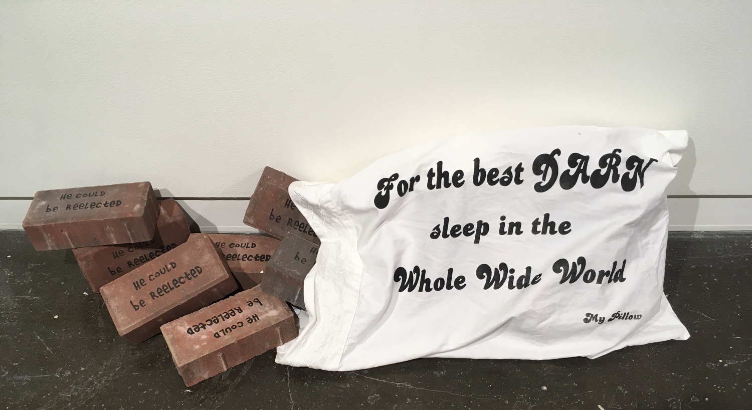 Bricks labeled "He could be reelected" fall out of a MyPillow pillowcase on the floor