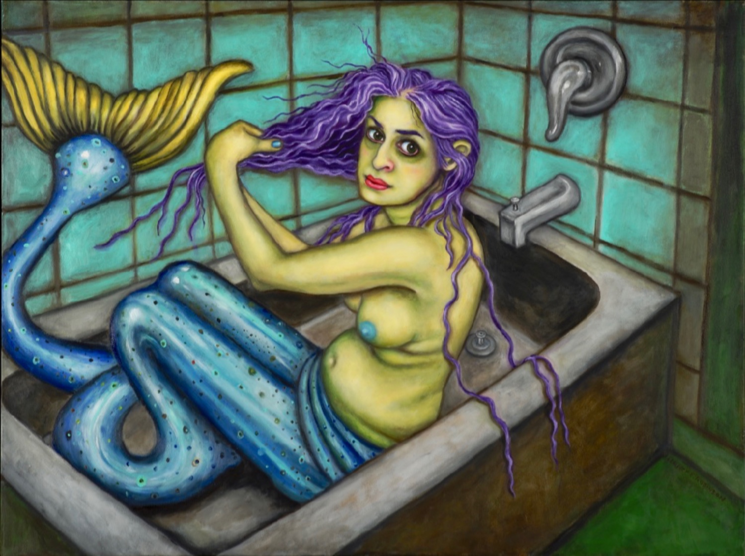 Painting of a purple-haired mermaid in a bathtub