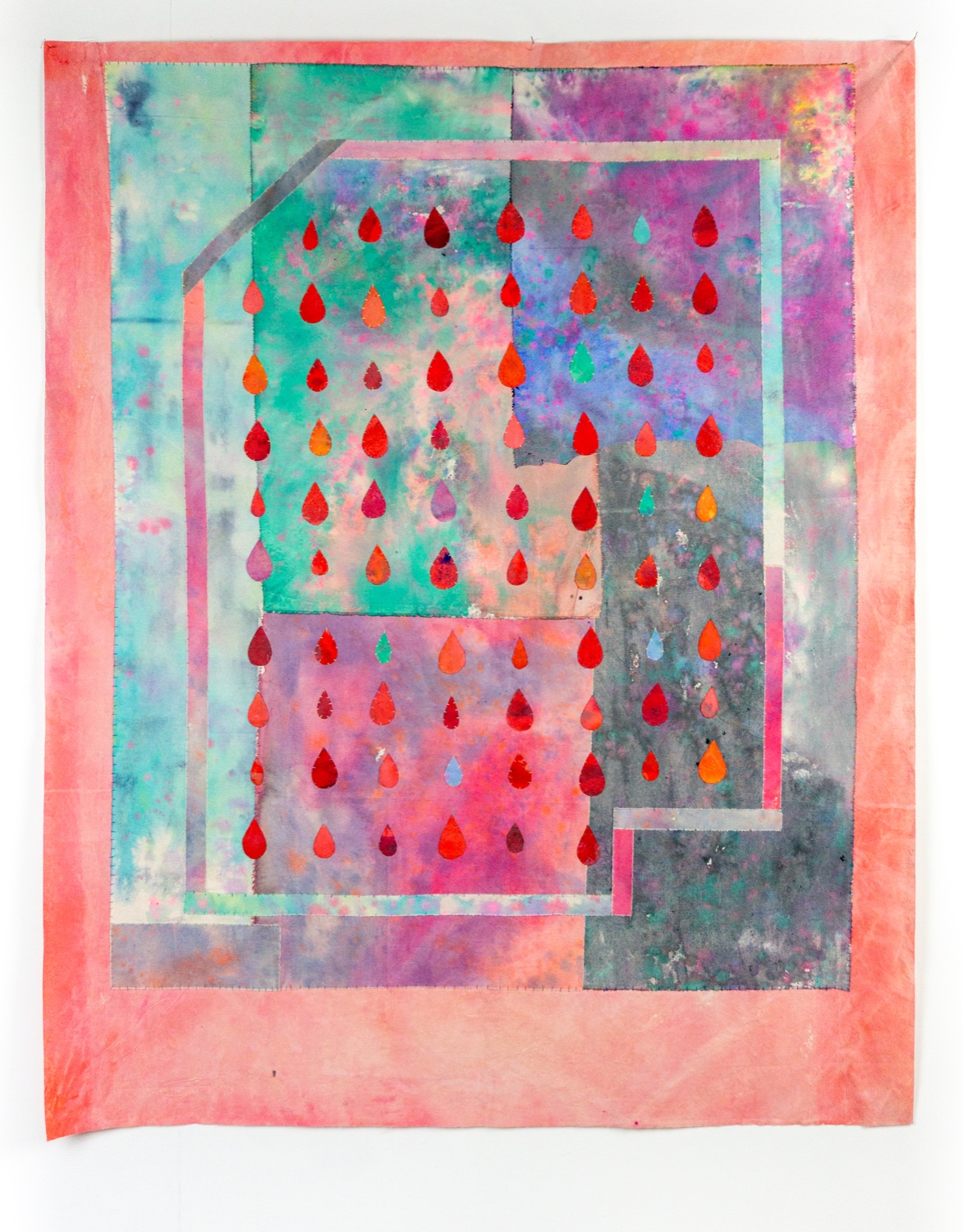 Quilted artwork of red blood drops in a grid on tie-dyed pinks and greens