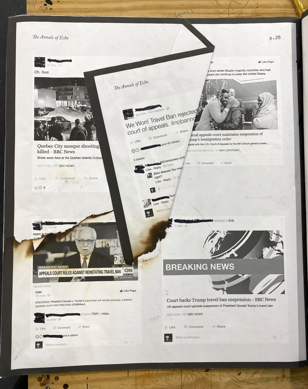 A torn, burned page of a book containing printouts of news stories and Facebook posts