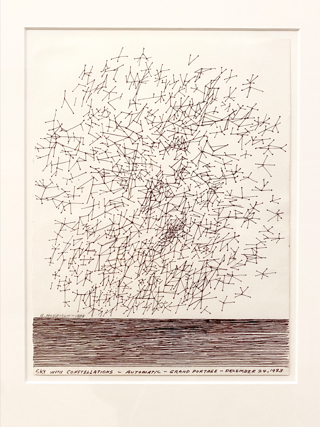 Ink line drawing of a sky full of constellations