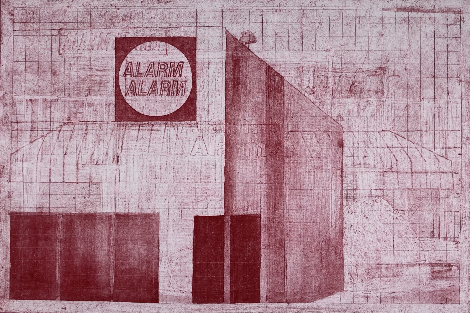 Faded maroon print of a building with sign "Alarm Alarm"