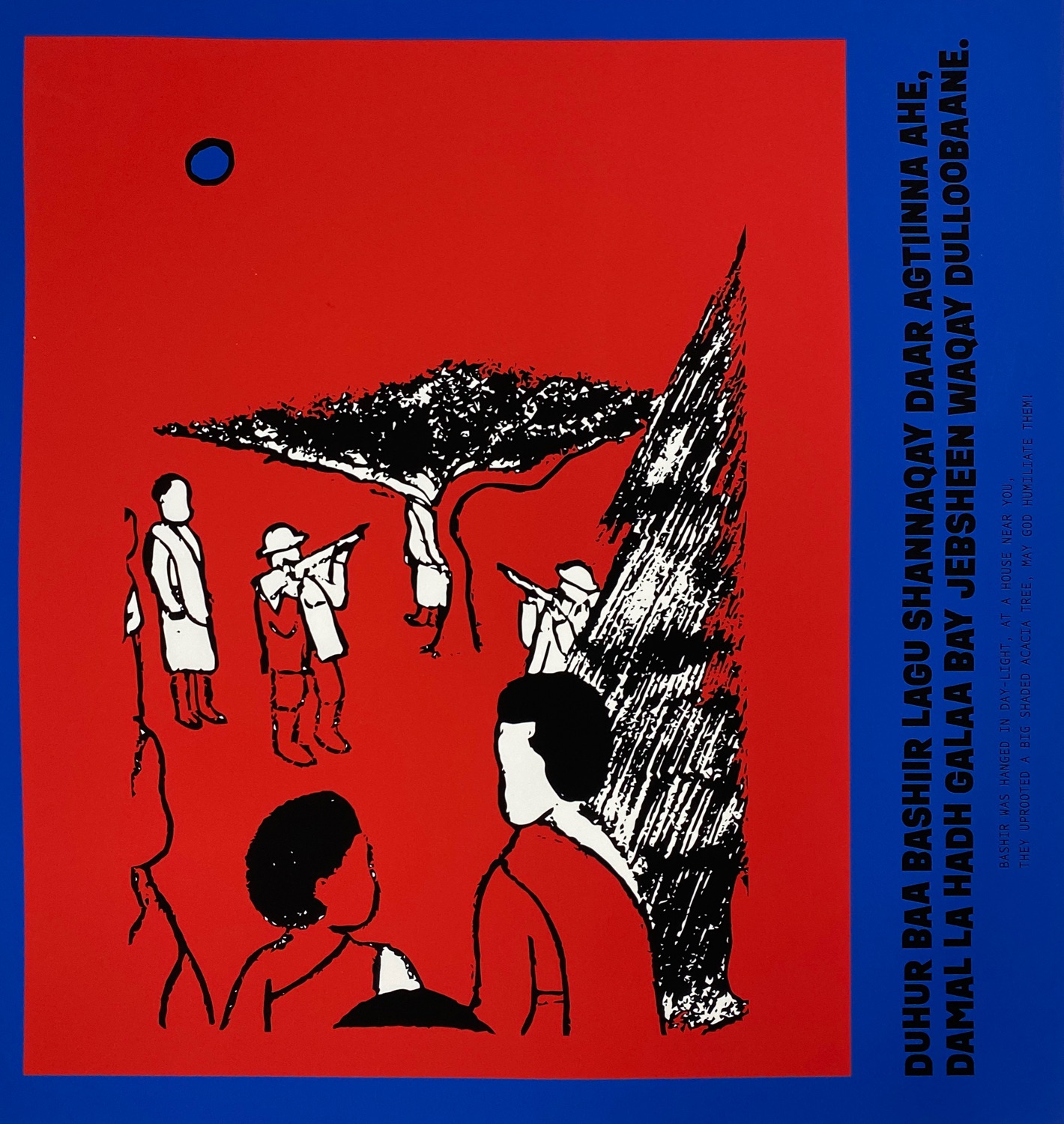 Black, white, blue, and red illustration of someone being lynched