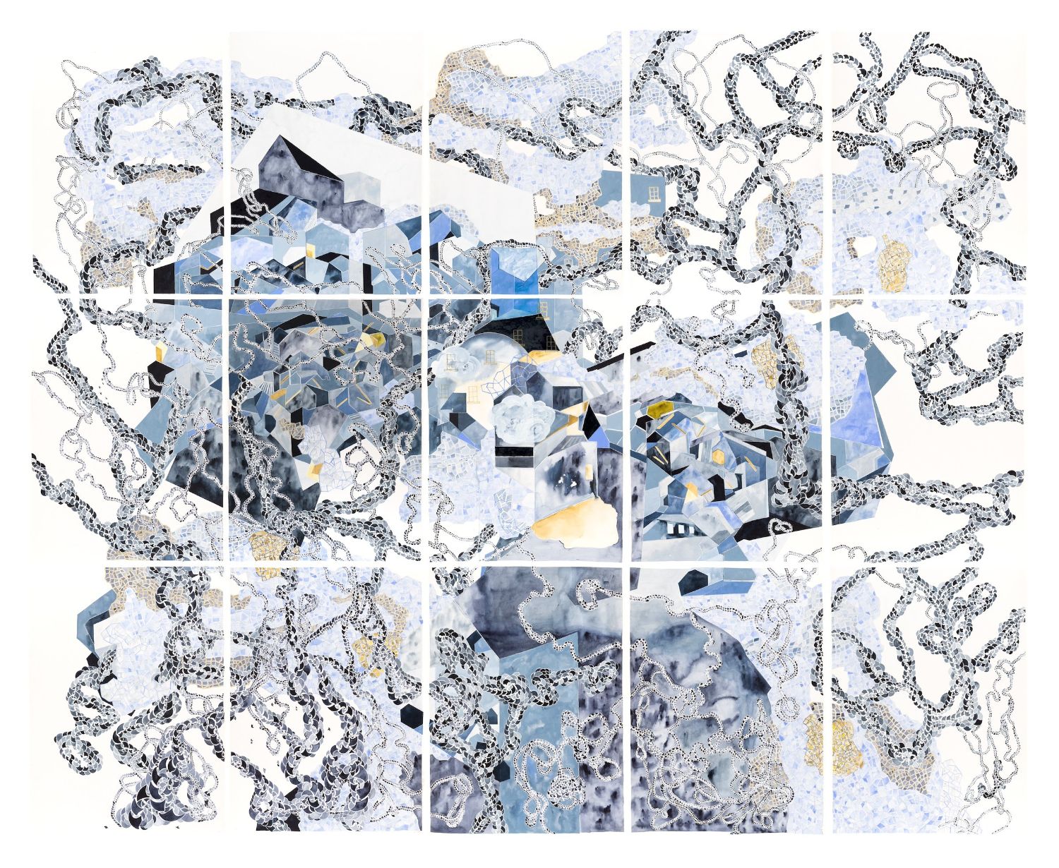 Abstract artwork of geometric shapes in blues, yellows, and grays on white