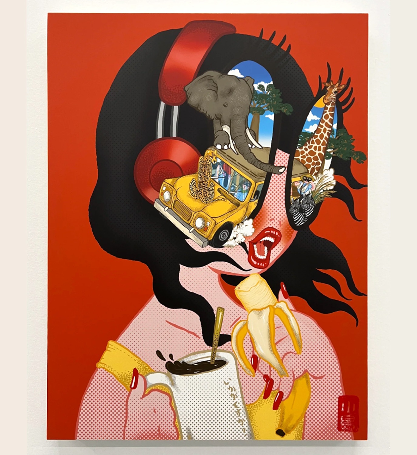 Cartoon pop art of an African safari scene coming out of a woman's oval eyes