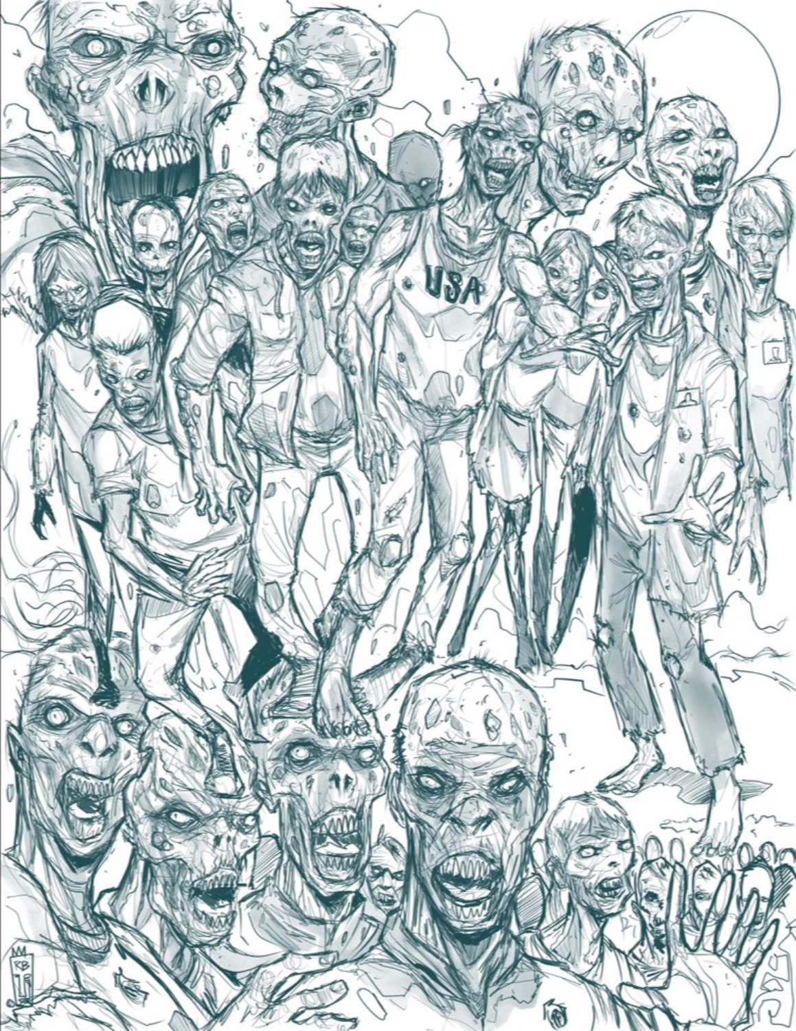 Green line drawing of a crowd of angry zombies.