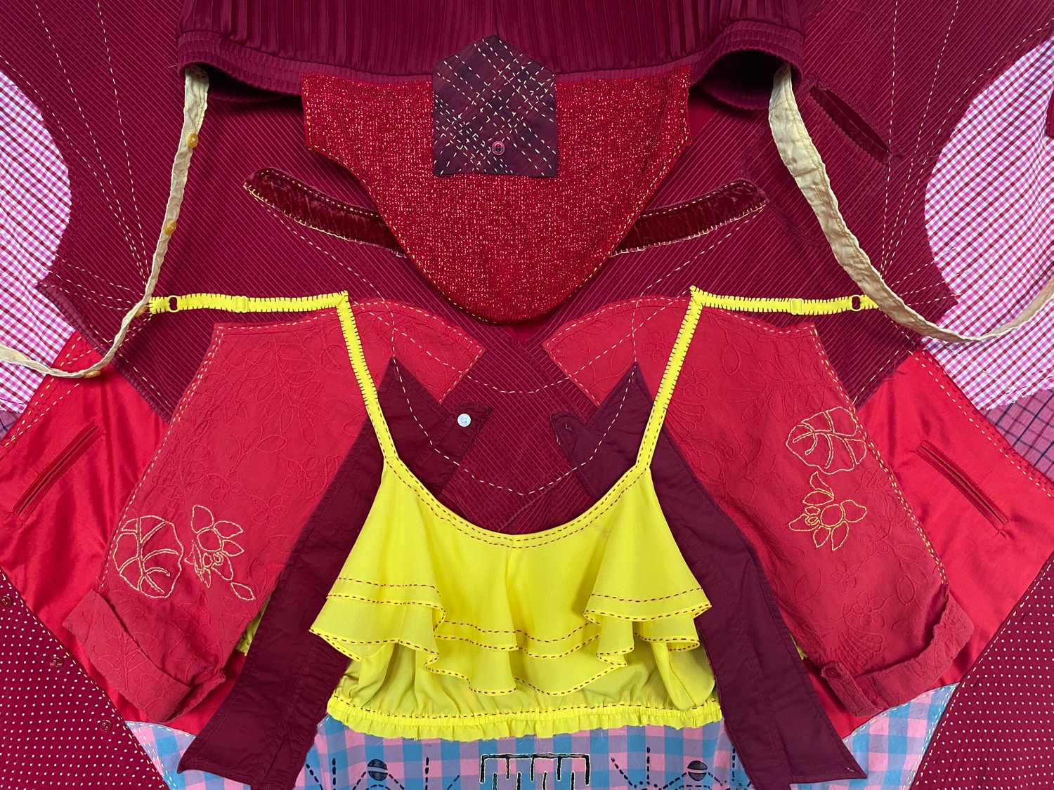 Detail of abstract fabric assemblage of red clothing items