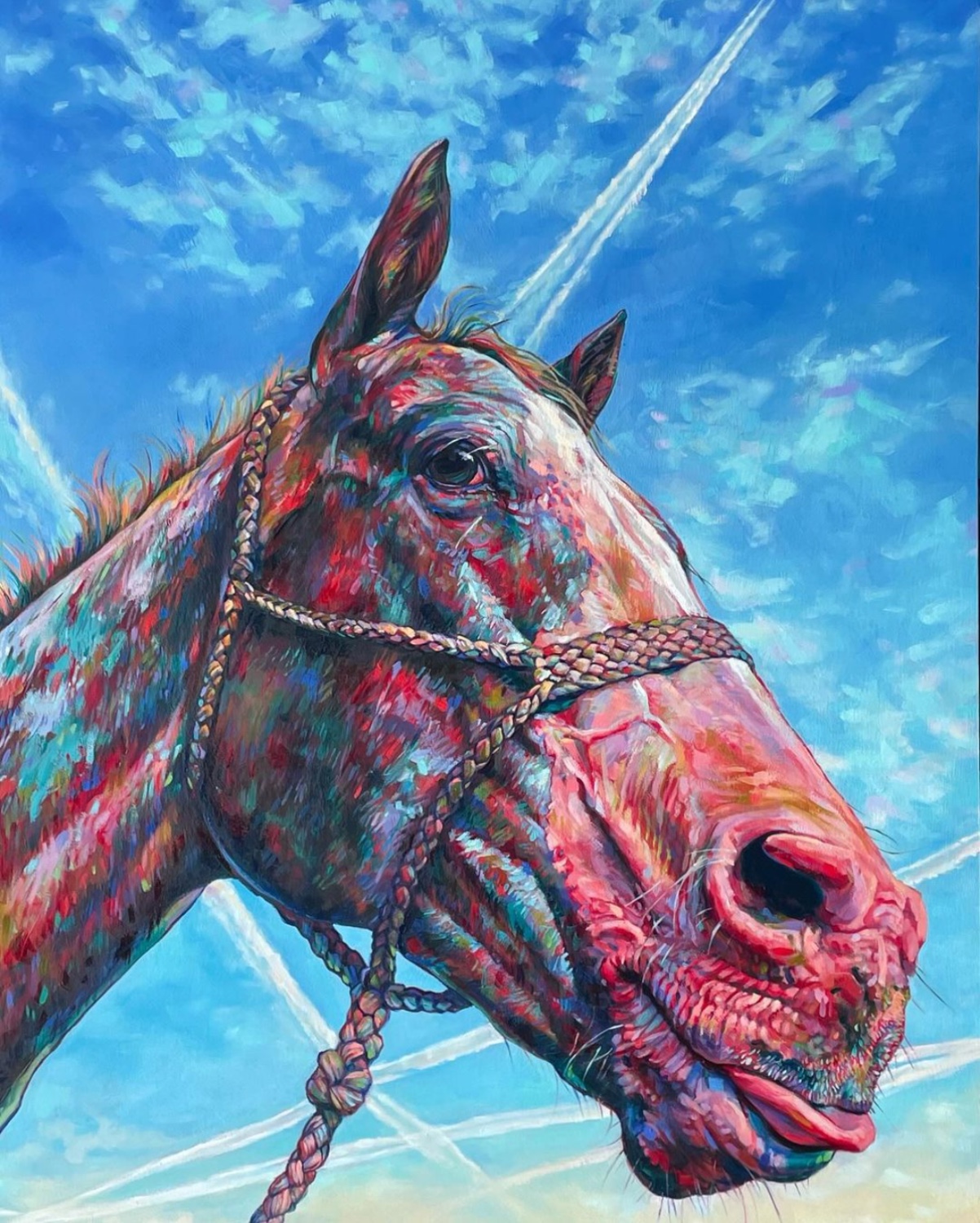 Painting of a horse with plane contrails in the air above to look like a unicorn horn