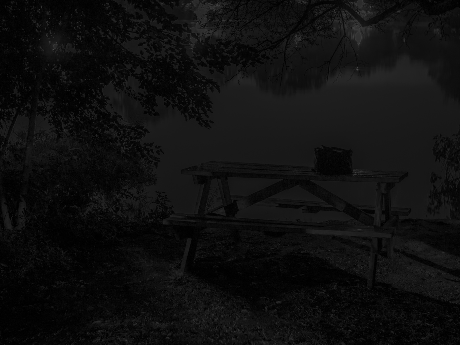 Nearly black photo of picnic table at night in a park