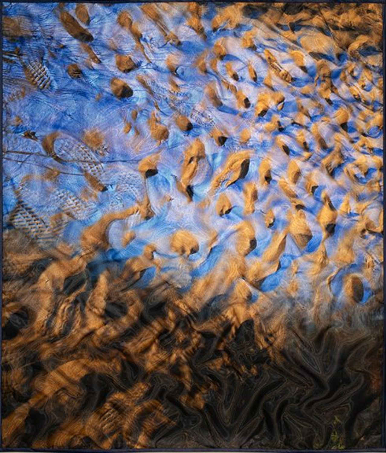Tim Harding “Blue Sand” 2024 | textile/photography, 55.25 x 47.75, unframed, courtesy of the gallery.