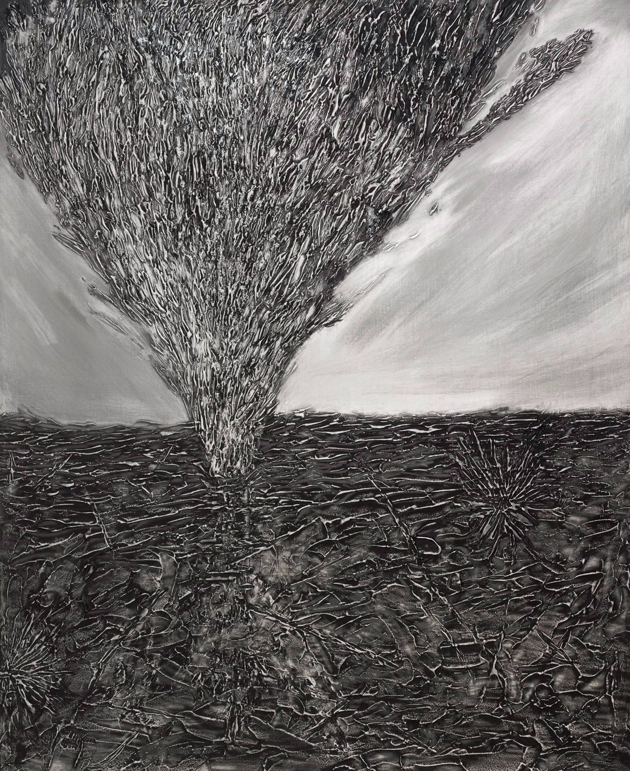 Dark landscape painting with a dark funnel of debris exploding out of the ground
