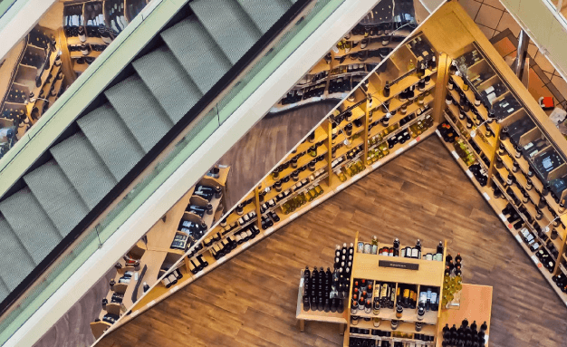 A wine bottle store from a top-down view in a shopping mall