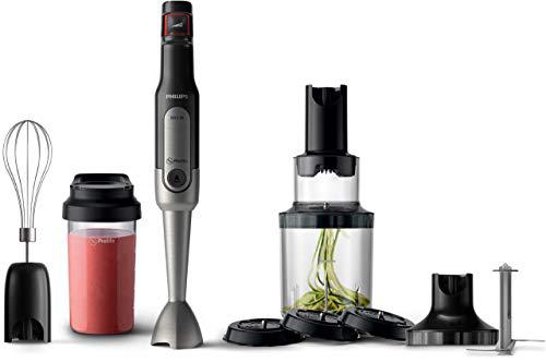 Philips HR2657/90 Stabmixer, SpeedTouch Geschwindigkeitsregler, inkl. Spiralisieraufsatz, Schneebesen, XL-Zerkleinerer, On-The-Go-Flasche, 800 W, Edelstahl