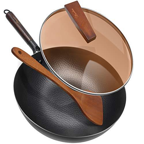 Aneder - Padella per wok in acciaio al carbonio con coperchio 