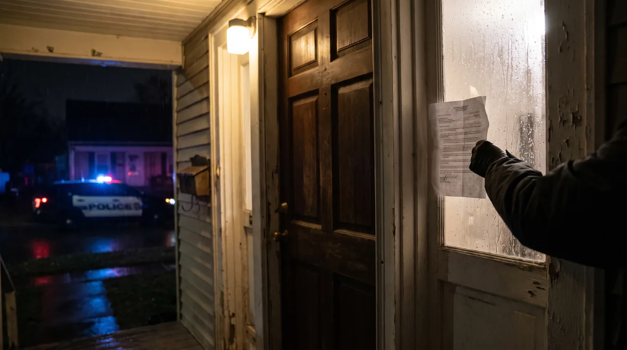 Person reviewing a warrant through a closed front door
